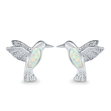 Hummingbird Stud Earrings Lab Created White Opal 925 Sterling Silver (15mm)